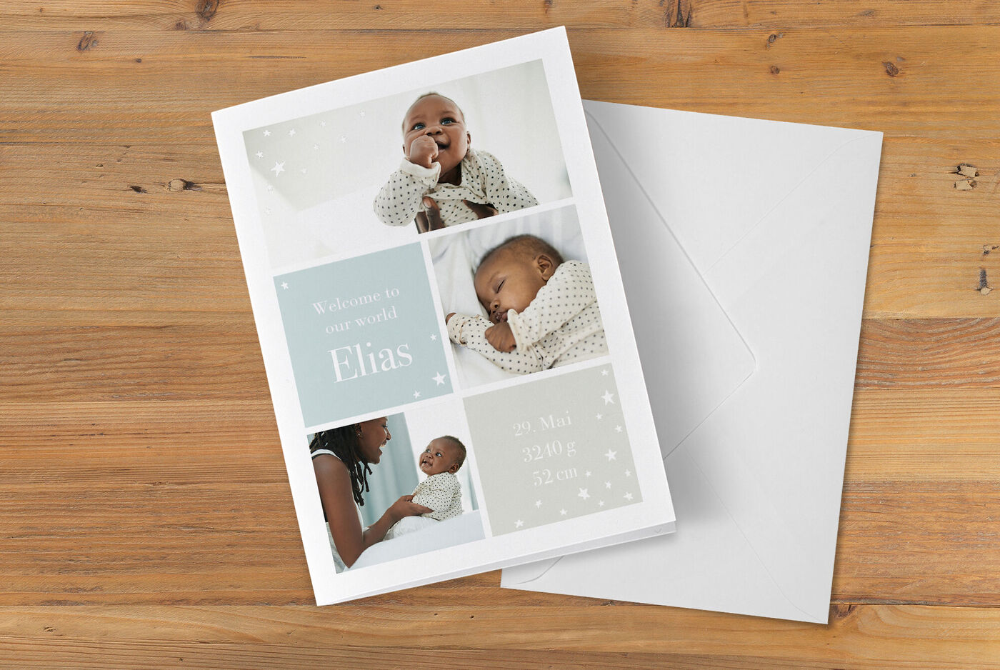 Carte postale adorable avec photos de bébé et noms.