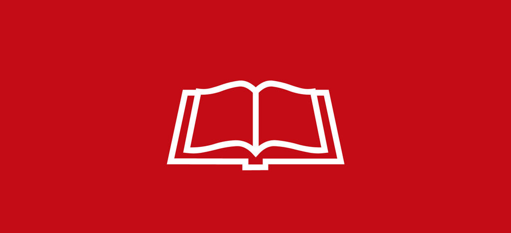 Symbole de livre ouvert sur fond rouge, représentant des histoires et des souvenirs