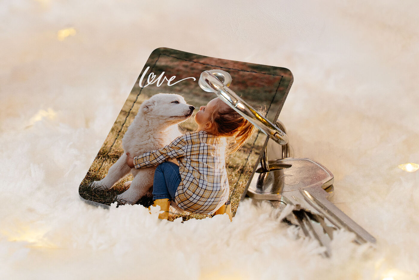 Porte-clés personnalisé avec une photo d'un enfant et un chien