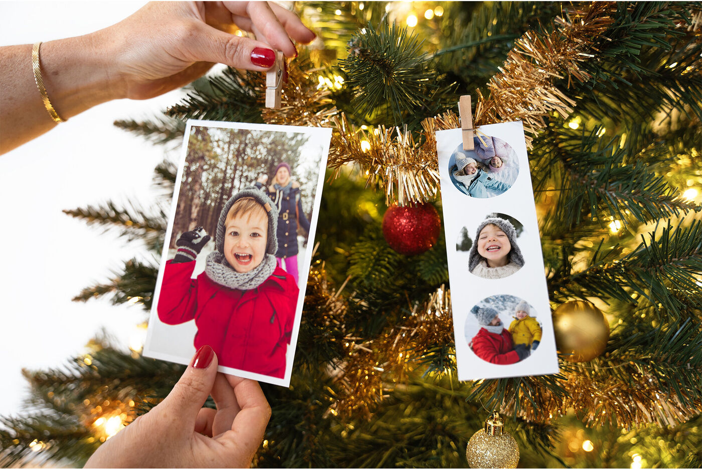 Des photos imprimées et accrochées sur un sapin de noel
