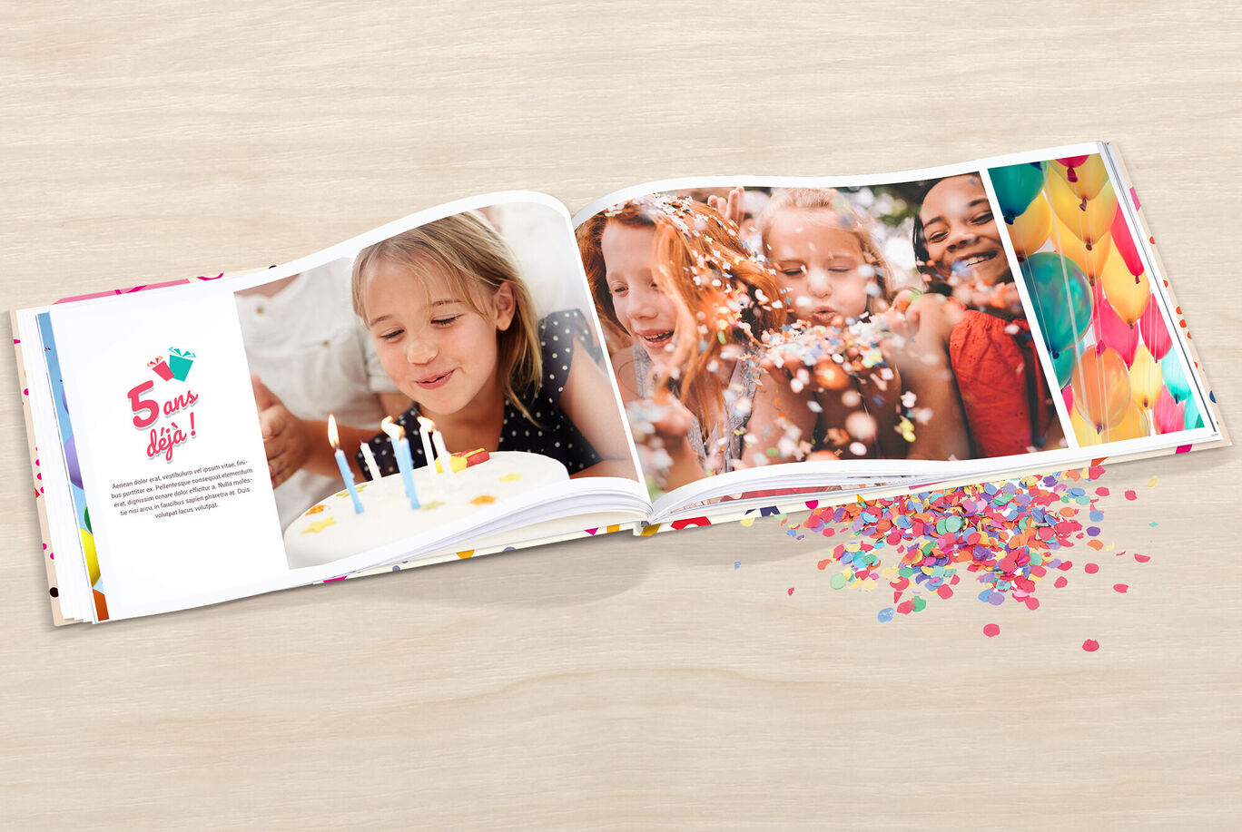 Livre photo d'anniversaire ouvert montrant un enfant qui fête ses 5 ans