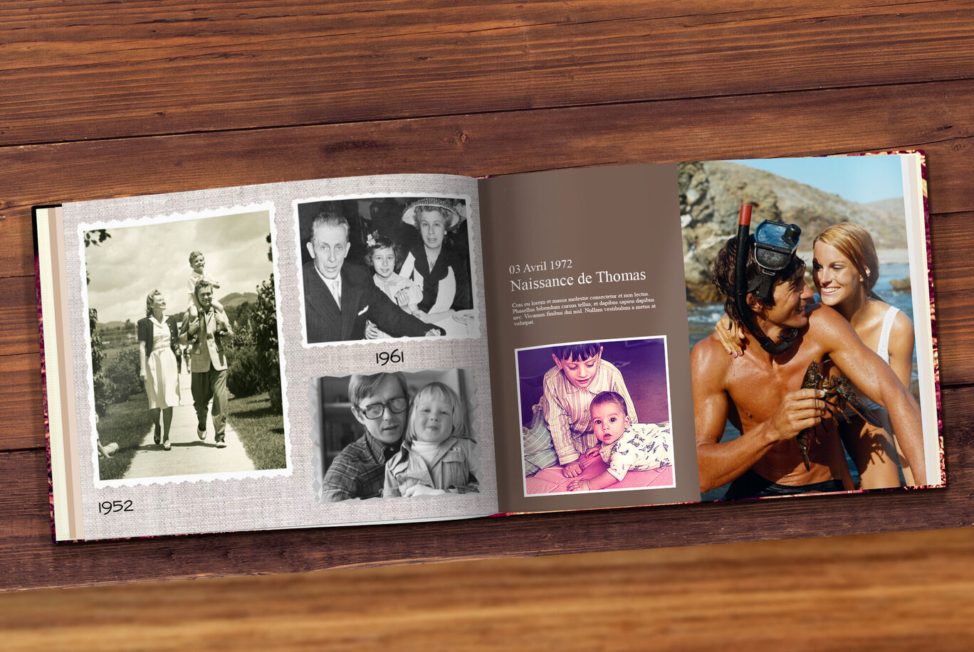Un album photo ouvert sur une table en bois montre des souvenirs personnels de différentes années.