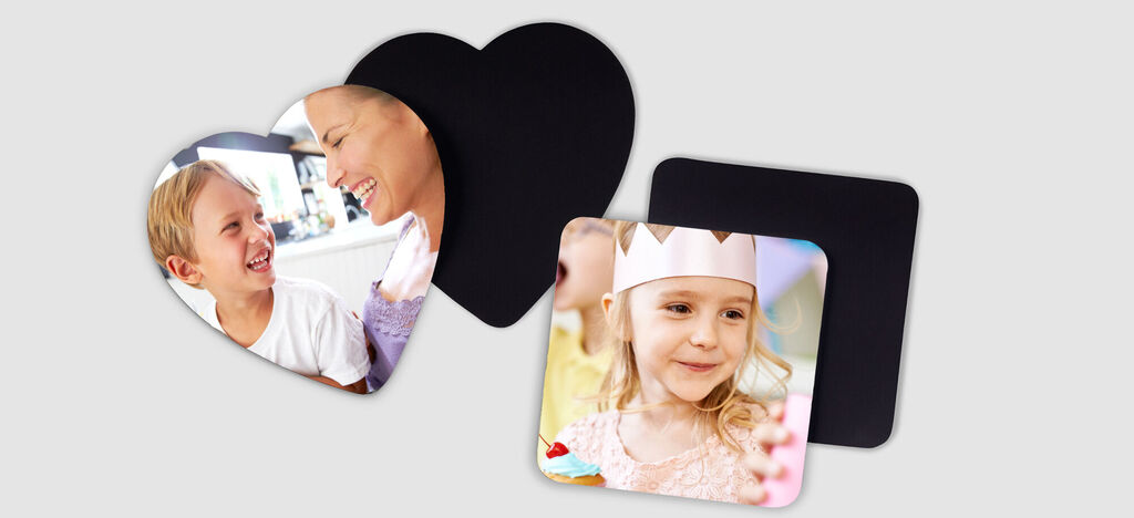 Trois magnets photo créatifs en forme de cœur et carrés.
