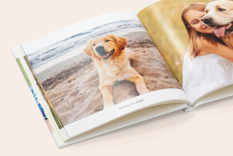 Mini livre photo carré ouvert avec les photos d'un chien